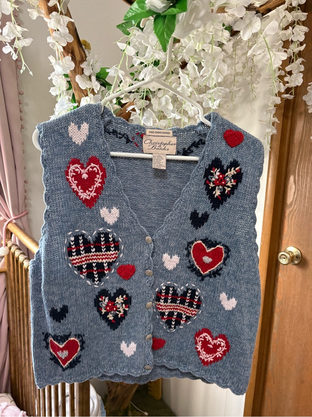 Vintage Blue Knit Heart-Appliqué Sweater Vest ♥️